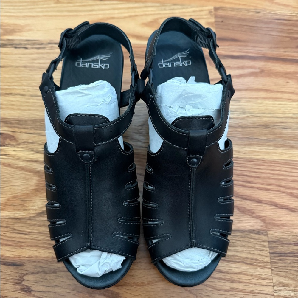 Dansko Randa Black Leather Sandals Peep Toe Chunky Heels Size EUR 39 US 8.5/9 - Picture 5 of 13
